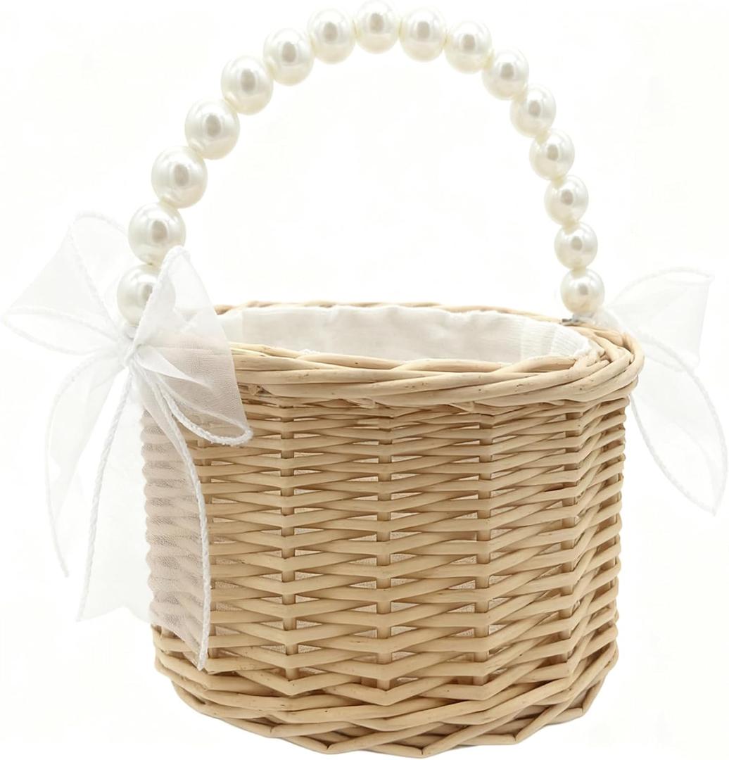 Wedding Flower Girl Basket with Bow, Pearl Handle Flower Basket, Cute Handwoven Wicker Rattan Basket and Home Decor