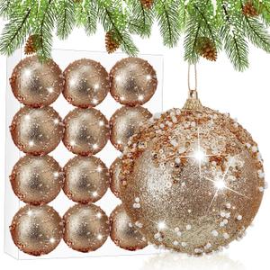 12 Pieces 3 Inch Christmas Ball Ornaments Glitter Sequin Balls Christmas Tree Balls Shatterproof Decorative Xmas Bauble Hanging Set for Xmas Holiday Decor(Champing Gold)