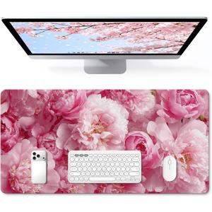 Desk Mat Desk Pad for Keyboard and Mouse, 31.5 x 15.7 in, Pink Peony Floral PU Leather Computer Protector, Non-Slip Base, Waterproof, Easy Clean for Office Gaming, Mouse Pad