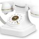 Retro Landline Telephone Classic Rotary Design Old Fashioned Corded Desk Phone with Metal Bell for Home and Office (Button Dial, White)