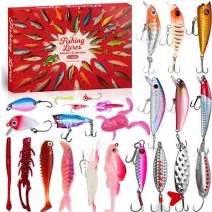 Fishing Advent Calendar 2025 Adult, 24 Days Christmas Countdown Fishing Lures Bait Set with Poppers, Minnows, Crankbaits, Birthday for Men Anglers Fishermen Fathers