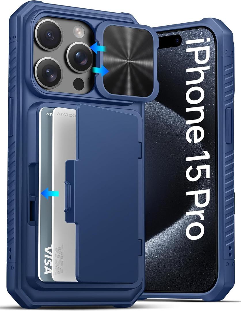 ATATOO for iPhone 15 Pro Wallet Case, Built-in Card Holder (3-5 Cards) & Slide Camera Cover, Military Grade Protection, Rugged Shockproof Phone Case for iPhone 15 Pro 6.1", Blue 