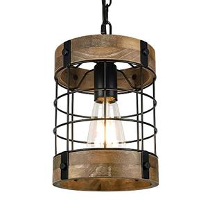 Rustic Pendant Light Fixtures, Farmhouse Kitchen Wood Hanging Lighting, Industrial Round Cage Chandelier for Entryway Hallway Dining Room Bedroom Foyer