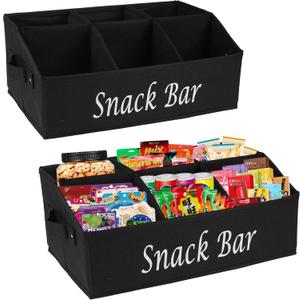 2 Pack Snack Organizer for Countertop With Handles - 6 Compartment Box Basket, Bar Station, Kitchen Cabinet Pantry Storage - Black