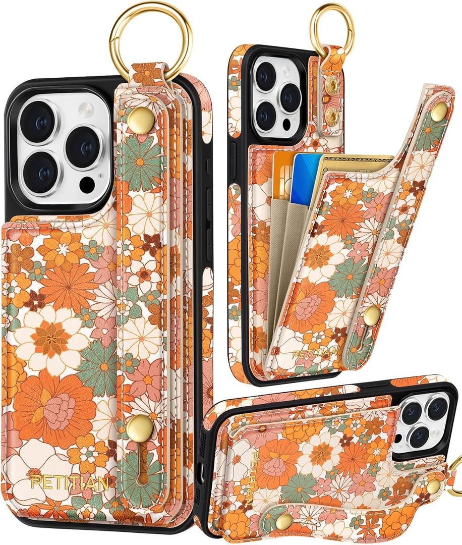 Petitian for iPhone 14 Pro Max Case with Wallet - Women Girls Cute Girly Aesthetic Unique Design Leather Credit Card Holder Cardholder Stand Wristband for iPhone 14 Pro Max, Orange Floral