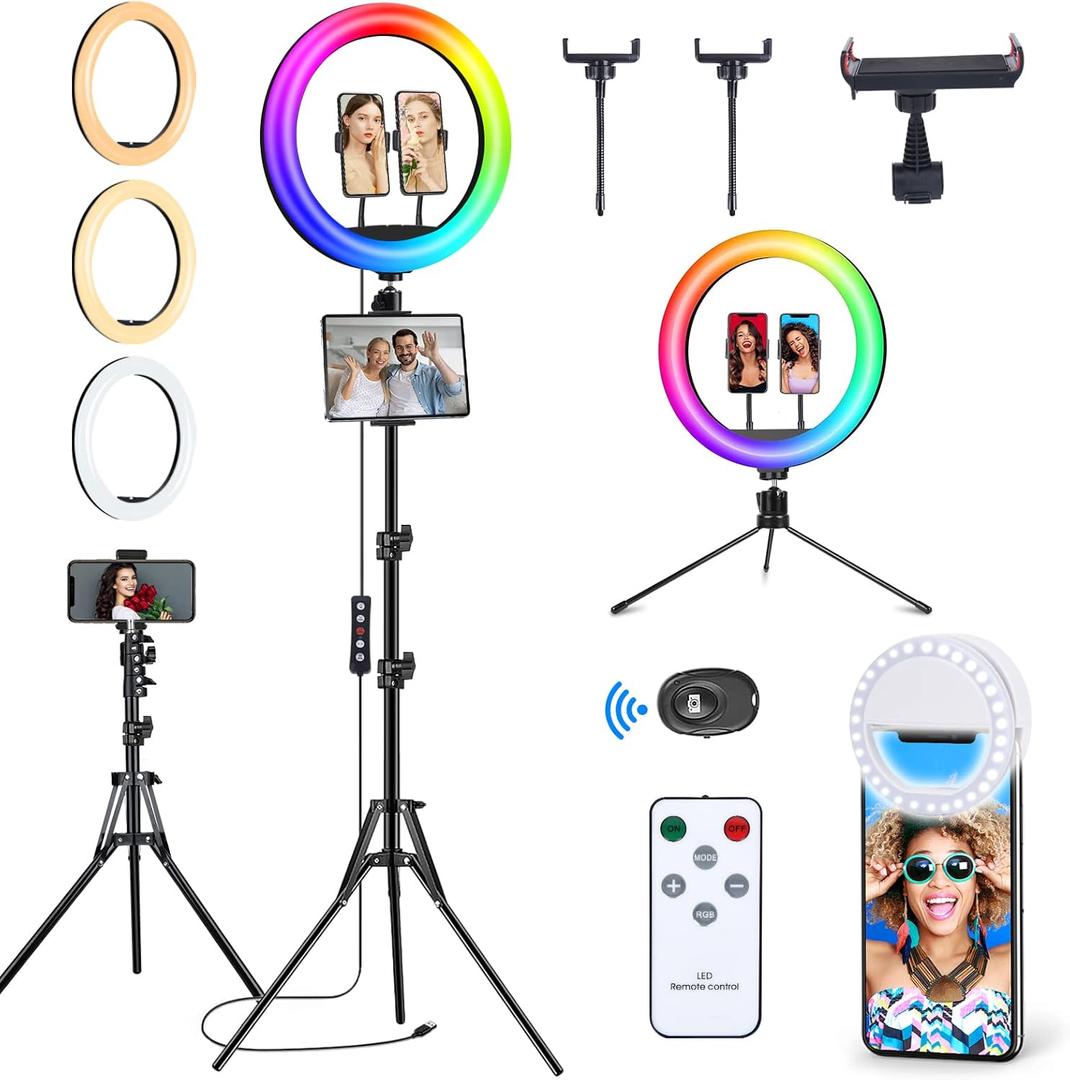 13" Selfie Ring Light with 63" Stand and 3 Phone Holder, 53 Lighting Modes, iPad Holder, Remote, Desk Tripod, RGB Ringlight for iPhone. Vlogging Circle Led Halo Light Photo Video Kit