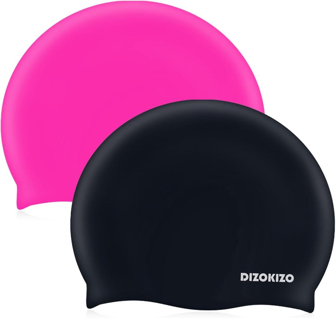 2pcs Silicone Swim Cap for Kids 6-14, High Elasticity Comfortable Non-Slip Swimming Cap for Girls & Boys, Durable Waterproof Swim Hats for Long and Short Hair, Keep Hair Dry (Rose red & Black)