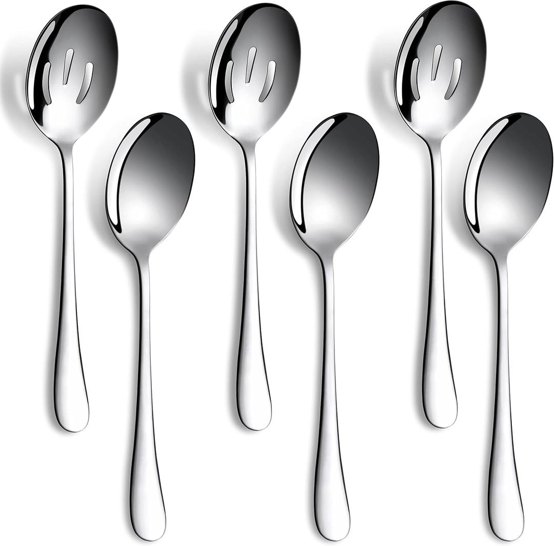 6 Pieces Serving Spoons Set, 8.7 Inch, Includes 3 Serving Spoons And 3 Slotted Spoon, Large Stainless Steel Buffet Banquet Utensils Cutlery Set for Home, Kitchen