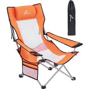 Sportneer Beach Chair: Adjustable Folding Chair with Cup Holder & Side Pocket - Portable & Compact Beach Chairs for Adults with Reclining Positions for Camping Picnic and Outdoor, Orange
