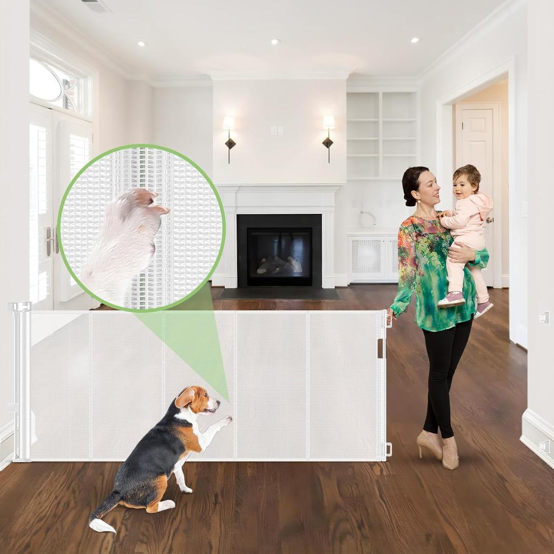 Reinforced 96" Wide Retractable Baby Gates Extra Wide Dog Gate with Support Rods - Prevent Crawling Under, Retractable Dog Gate Indoor Outdoor Retractable Gate Wide Baby Gates for Large Openings, White