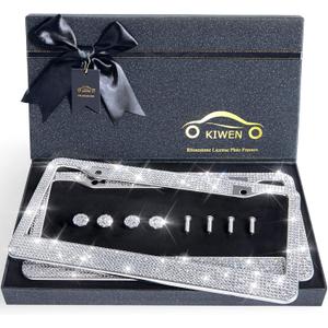 Bling License Plate Frames with High End Ribbon Gift Box,2 Pack Rhinestone License Plate Frame,Handcrafted Crystal Premium Stainless Steel Bling License Plate Frame for Women,Party,Birthday,Xms Gift