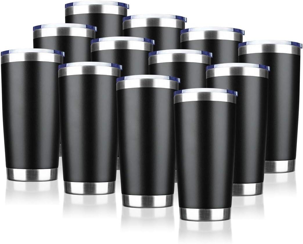 20oz Tumbler Bulk Stainless Steel Vacuum Insulated Tumblers with Lid Double Wall Travel Mug, Durable Powder Coated Coffee Cup, Suitable for Ice Drinks and Hot Beverage, (Black 12 Pack)