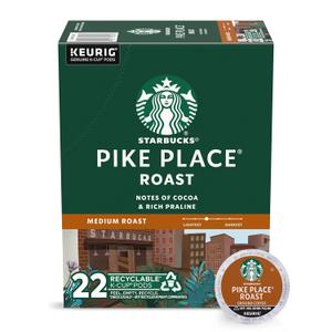 Starbucks K-Cup Coffee Pods, Medium Roast Coffee, Pike Place Roast For Keurig Brewers, 100% Arabica, 1 Box (22 Pods) (EXP 09/10/26)