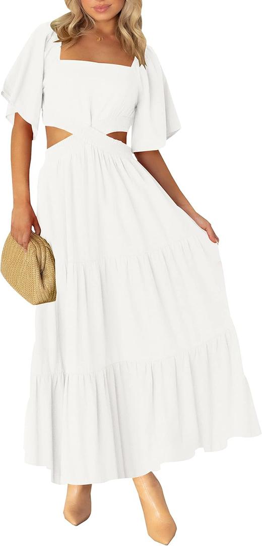 LEANI Women's 2025 Summer Cutout Maxi Dress Square Neck Short Sleeve Crossover Waist Casual Party Dresses (Medium, White)