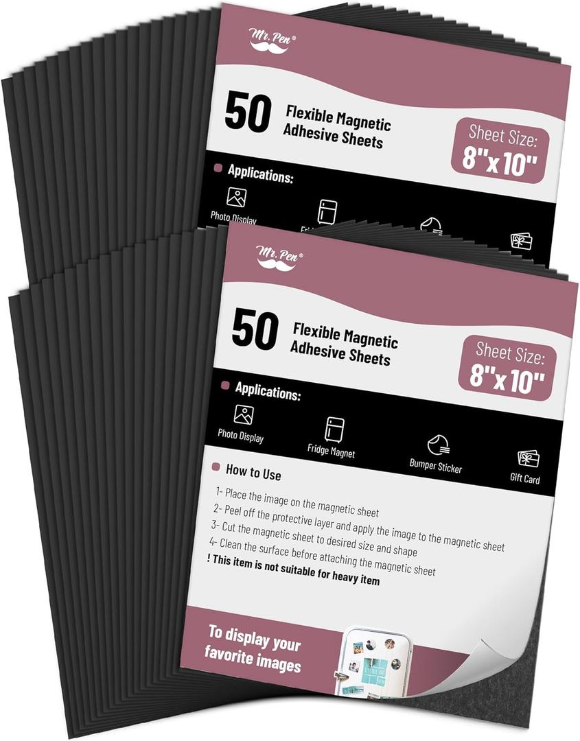 Mr. Pen- Adhesive Magnetic Sheets, 8" x 10", 50 Pack, Cuttable Magnets Flexible Magnet Sheets with Adhesive for Crafts Photos, Classroom Decorations, Easy Peel and Stickers for Planning