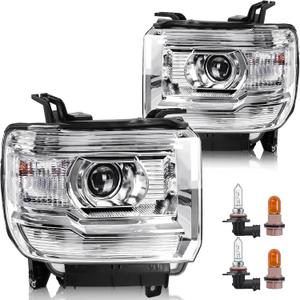 Headlight Assembly Compatible with GMC Sierra 2014-2018 1500 | 2015-2019 2500HD/3500HD Base/Denali/SLE/SLT, Halogen Headlamp Replacement W/O LED DRL, With Bulbs, Chrome Housing White Reflector