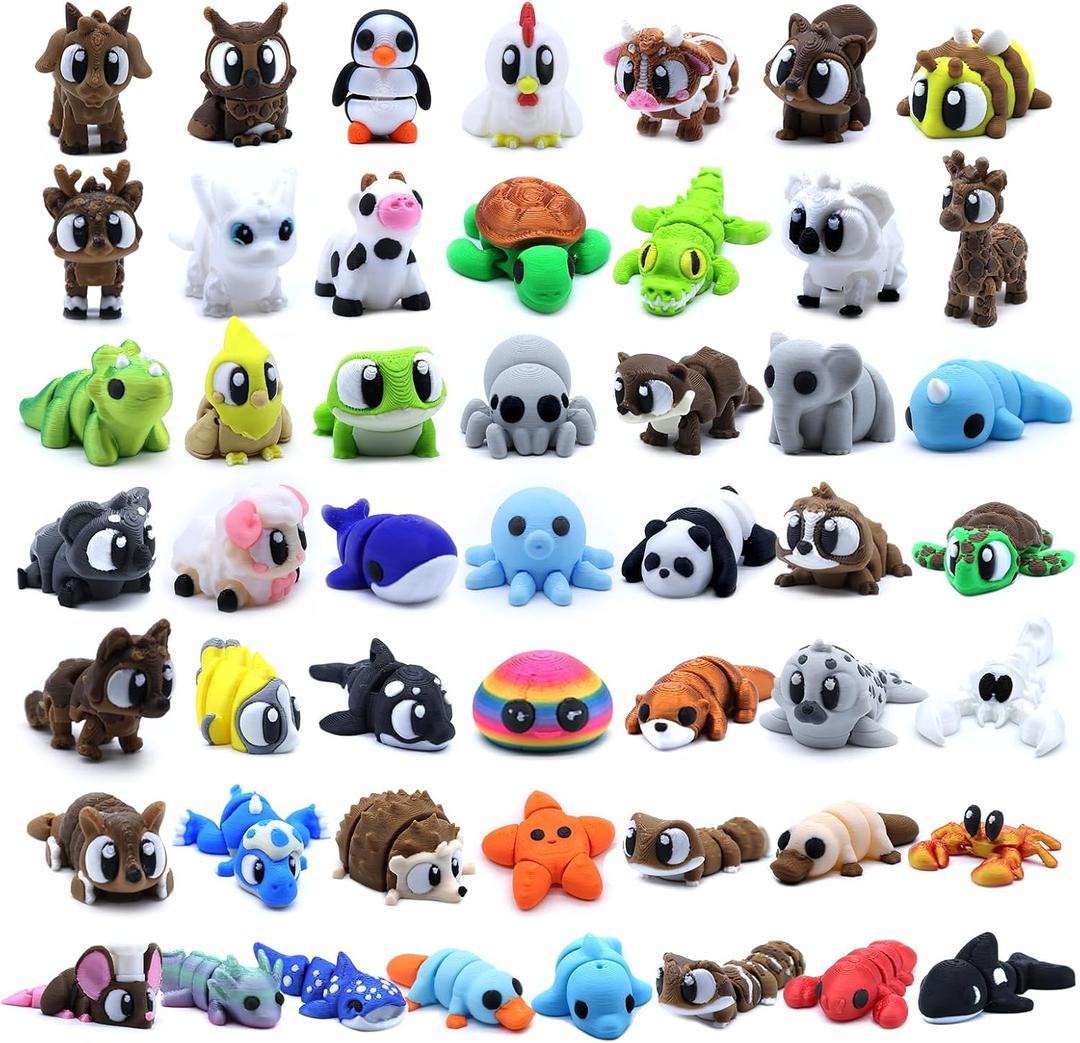 50 Pcs Mini 3D Printed Animals Figurines Set, 3D Printed Toys for Kids, Easter Basket Stuffers for Boys and Girls, School Classroom Prizes, Party Favors, Flexible Articulated Fidget Toys