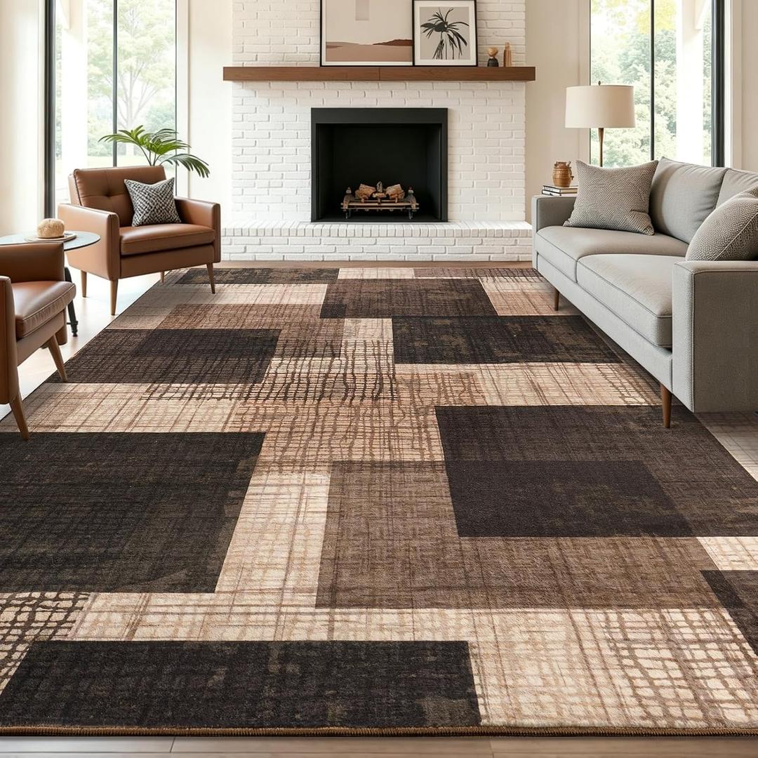 Modern Indoor Area Rug for Living Room, 8x10 Large Low Pile Geometric Patchwork Rug for Bedroom, Dining Room, Office, Hardwood Floors Home Decor, Non-Slip Faux Wool Machine Washable Area Rugs, Brown