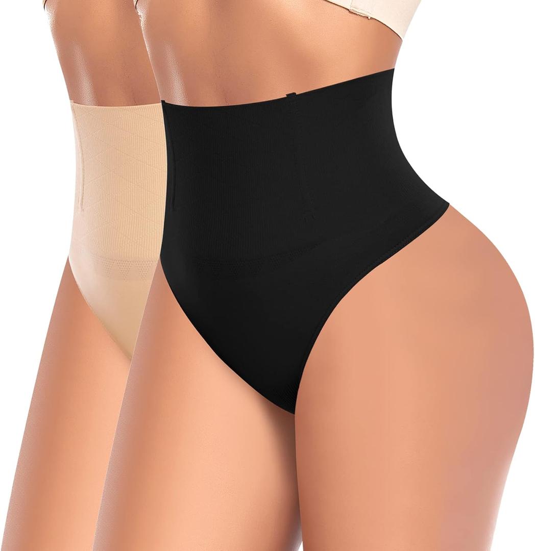 Tummy Control Thong Shapewear for Women High Waist Shaping Underwear Seamless Body Shaper Panties Girdle (Large, A# Mix Set (Black+beige))