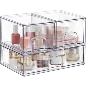 Clear Stackable Desk Storage Drawers, 3 Pack Acrylic Bathroom Makeup Organizers, Easily Assemble All Purpose Plastic Bins for Brightroom, Pantry Organization, Vanity, Undersink, Cabinet