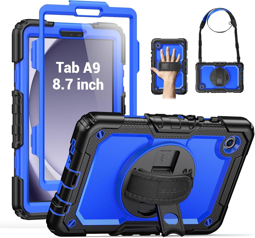 SEYMAC for Samsung Galaxy Tab A9 Case 8.7 Inch 2023 (SM-X110/X115/X117), Heavy Duty Shockproof Protective Case with Screen Protector, Rotating Stand, Hand/Shoulder Strap and Pen Holder, Blue