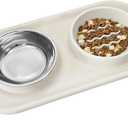 Waterproof Silicone Cat Food Bowls, Stainless Steel & Silicone Slow Feeder Double Bowls, Non-Skid & Non-Spill Raised Edge, Food and Water Feeder for Cat and Puppy (Silicone Mat-15x8.3in, Beige)