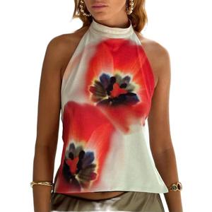 Women Y2k Halter Neck Tank Top Floral Print Backless Cami Top Sleeveless Tie Up Crop Top Summer Streetwear (S)