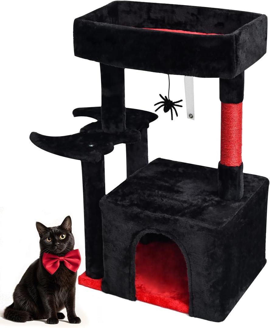 SYANDLVY Gothic Cat Tree with Coffin Bed for Indoor Cats, Activity Tower with Scratching Post, Modern House for Large Cats, Cat Condo Furniture with Basket & Hanging Spider for Play Rest, Black & Red