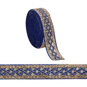 AHANDMAKER 10 Yards 1.6inch Fabric Embroidered Trim, Vintage Jacquard Ribbon Metallic Gold Rhombus Pattern Sewing Woven Trim Embroidered Ribbon decor for Crafts Making, Blue