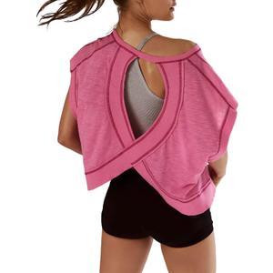 Womens Oversized Tshirts Workout Batwing Sleeve Gym Shirts Boat Neck Slouchy Tees Open Back Athletic Top Rose Red S