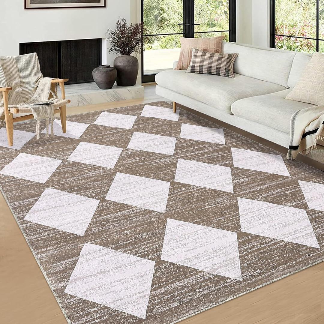 COZYLOOM Area Rug 8x10 Modern Washable Rugs Meline Checkered Accent Rugs for Bedroom Living Room Nursery Geometric Neutral Soft Office Carpet Low Pile Non Slip Distressed Farmhouse Floor Cover Brown (8' x 10' (Rectangular))