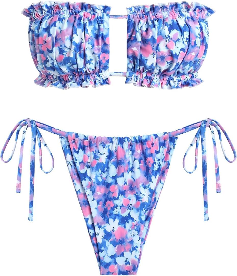ZAFUL Women 2 Piece Strapless Bikini Swimsuits Ruffle Ribbed Self Tie Bandeau Bikini Set High Cut String Bathing Suits (2-Purple Floral, L)