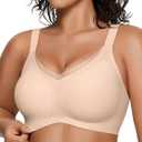OEAK Womens Wireless Jelly Bras V Mesh Comfortable Bralette Supportive Tshirt Bra No Underwire Seamless Push Up Everyday Bras (Beige, L)