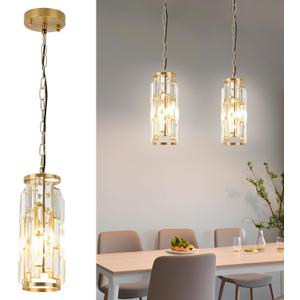 Mini Chandelier Pendant Lights, Gold Crystal Pendant Light for Kitchen Island, Dining Room, Bedroom (1 Pack) (Round)