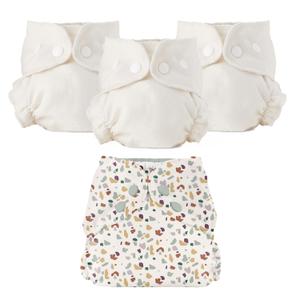 Esembly Cloth Diaper Bundle Set - 3 Organic Cotton Absorbent Inners and 1 Waterproof Outer Diaper Cover - Reusable, Washable, Snap Closure Cloth Diapers - Size 1 (7-17lbs)