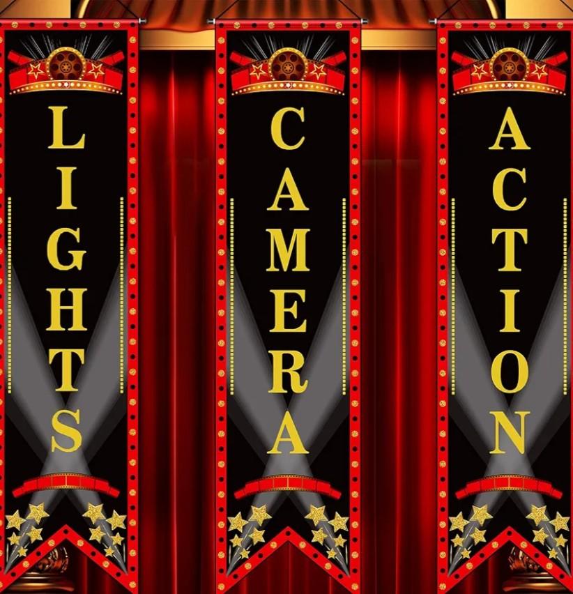 Tegeme Movie Night Porch Sign Banner Movie Theme Party Decorations Theater Welcome Now Showing Lights Camera Action Hanging Porch Sign for Home Film Backdrop Party Supplies (Delicate,Red and Black)