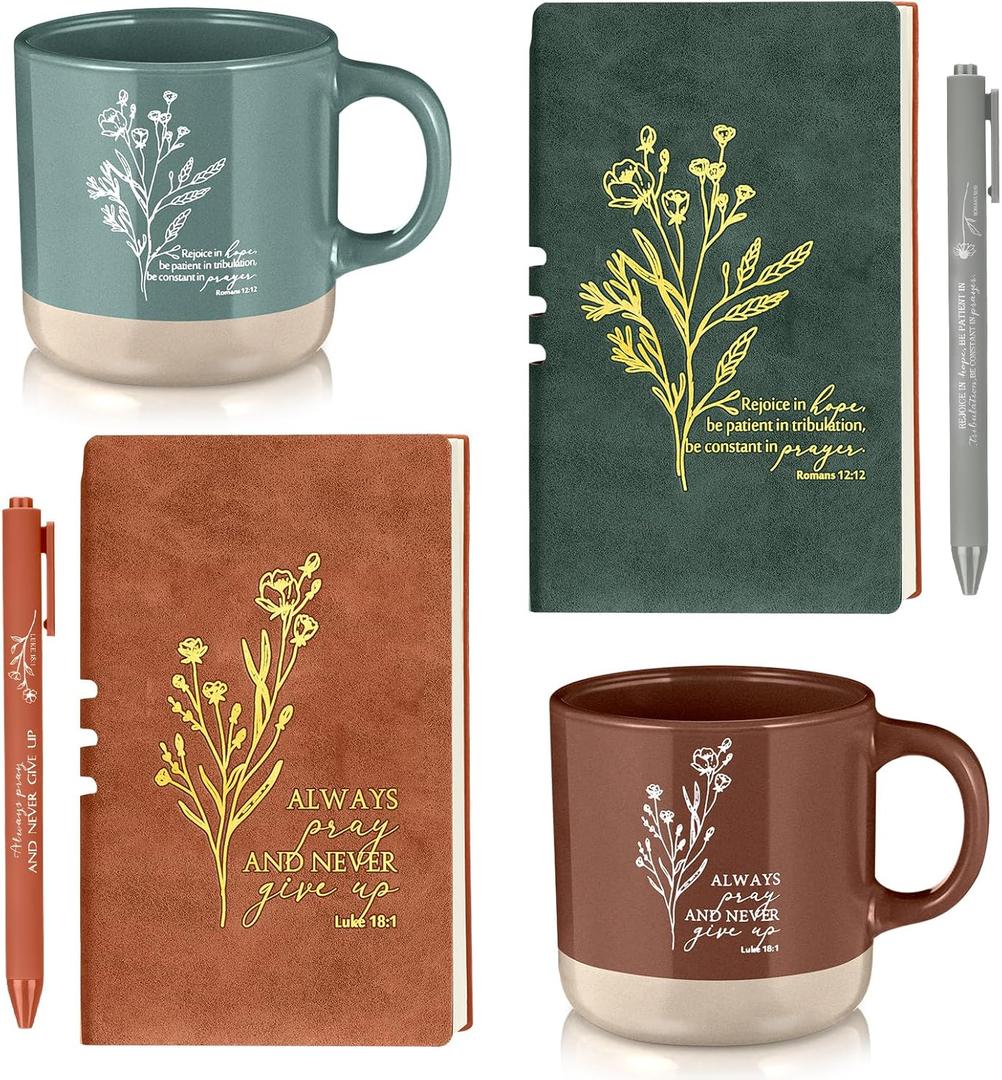 2 Sets Christian Church Gift for Women Men Bulk Christian Coffee Mug 13 oz Ceramic Bible Verse Mug Religious Prayer Notebook Motivational Pen Mother's Day Gift Sunday School Pastor (Boho)