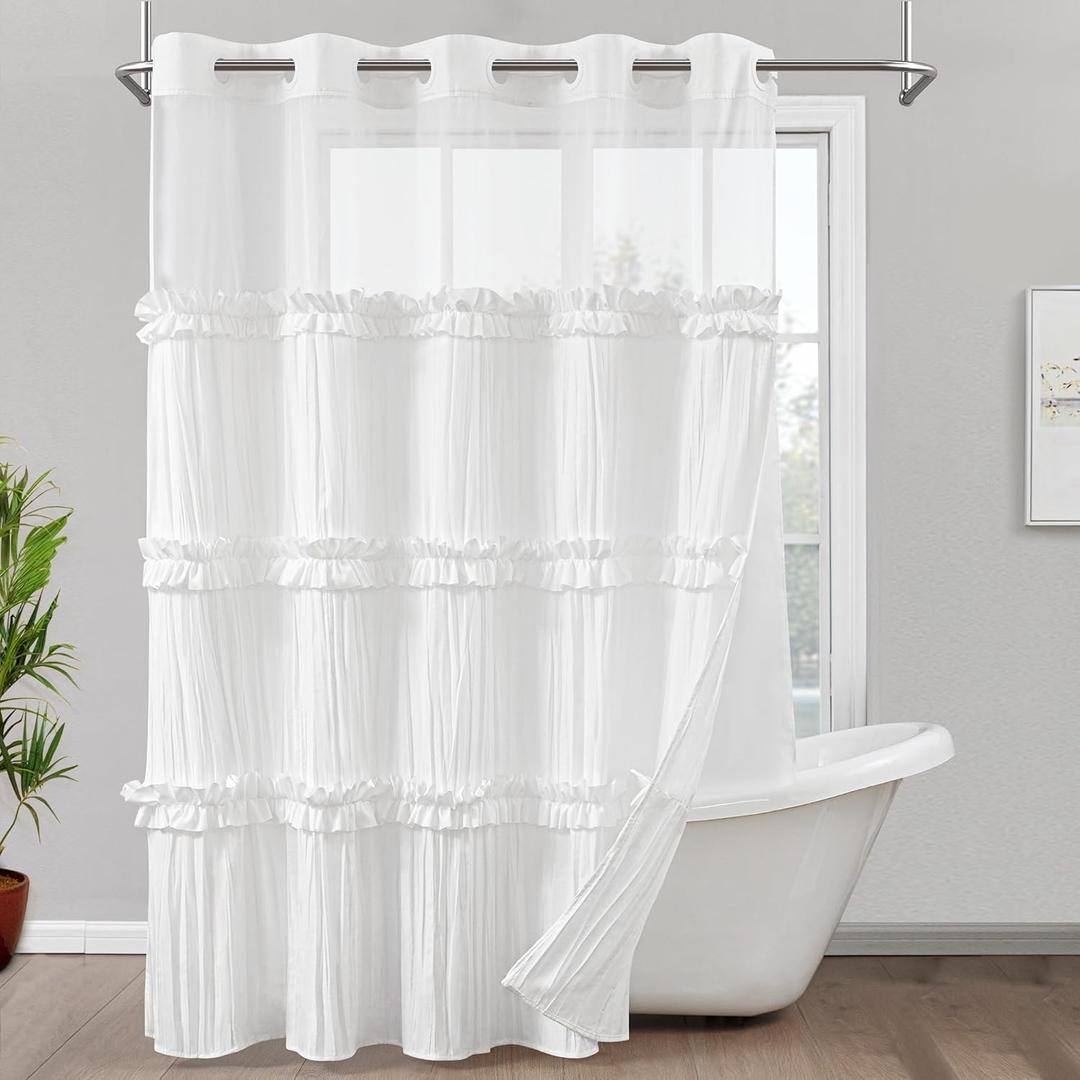 ROSERY No Hook Ruffle Shower Curtain with Snap in Fabric Liner Set, Ruched Vintage Farmhouse Shower Curtain for Bathroom with See Through Window, Ruffle Pattern, 71" W x 74" L