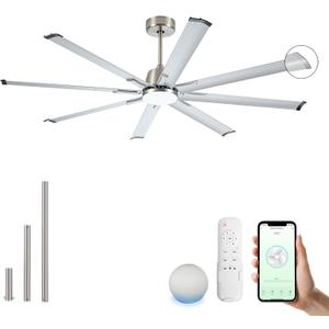 72 Inch Ceiling Fan with Light,Industrial Ceiling Fan with 8 Nickel Aluminum Blades,Smart Fan Works with Alexa,Garage Outdoor/Indoor Fan for Patio and Living Room
