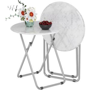 TV Tray Table, Round Folding Table, Foldable Snack Tray for Eating, Small Folding Table Set of 2, Dinner Table for Couch, Living Room, Small Space (White Marble, 2Pcs)