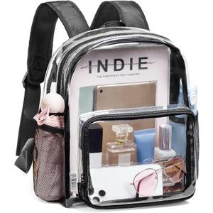 Vorspack Clear Mini Backpack - Stadium Approved 12x12x6 Small, Stadium Backpack for Women with 2 Water Holders Heavy Duty for Concert Work Sport Games Festival Venues - Black