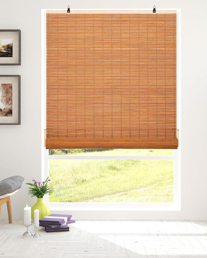 32''W X 72''H Cordless Bamboo Roman Shades, Light Filtering Roll Up Bamboo Blinds for Interior Window Home Patio Porch, Yellow Brown
