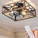 EDISHINE Caged Ceiling Fans with Lights Flush Mount, Rustic Square Low Profile Enclosed Fan Ceiling with Remote, 2/4 H Timer, Reversible 6 Speed, Farmhouse Small Fan for Bedroom, Kitchen, Dining Room