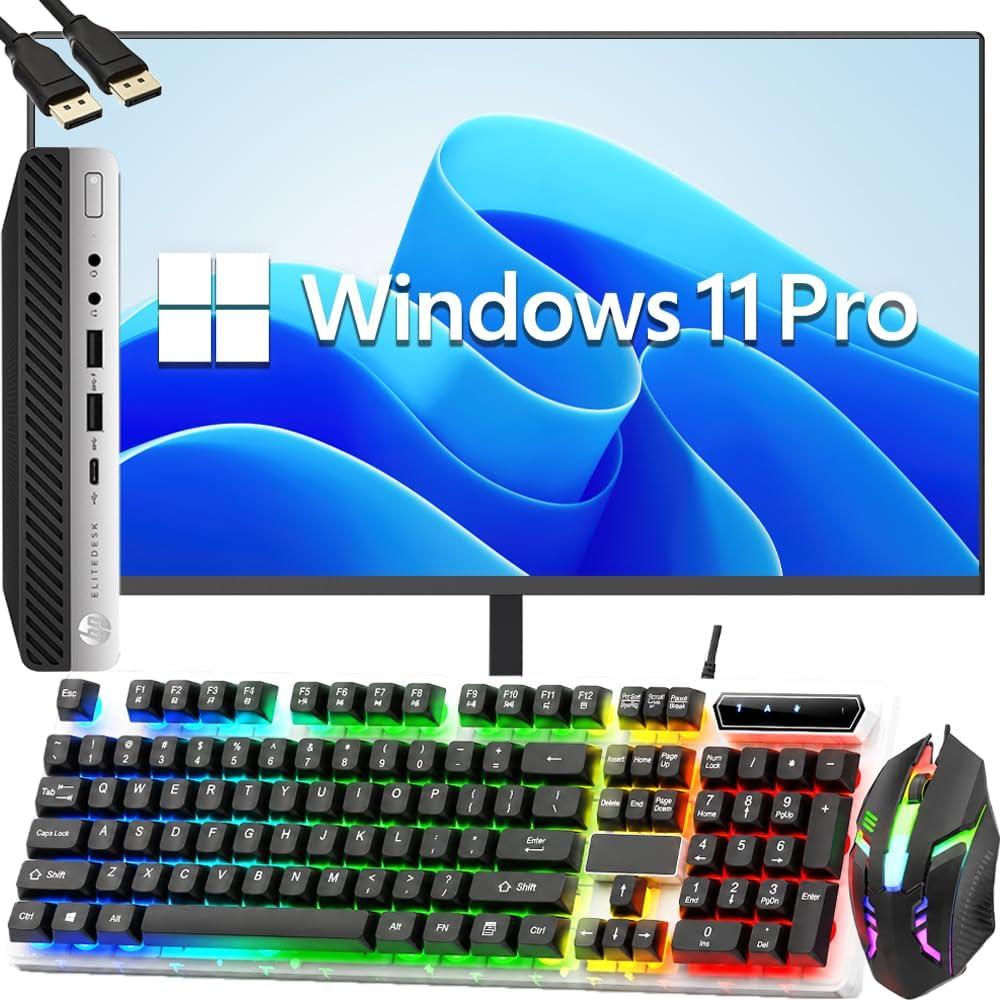 HP EliteDesk 705 G4 Mini Desktop Business PC with 27" FHD Monitor, AMD Ryzen 5 Pro 2400GE, 8GB RAM, 256GB SSD, WiFi, Bluetooth, Windows 11 Pro