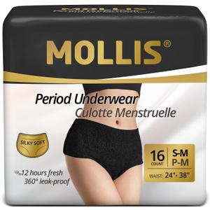 MOLLIS Disposable Period Underwear for Women, Postpartum Panties, Maternity Knickers Heavy Flow Leak Proof, Unscented, Black, Small/Medium, 16 Count