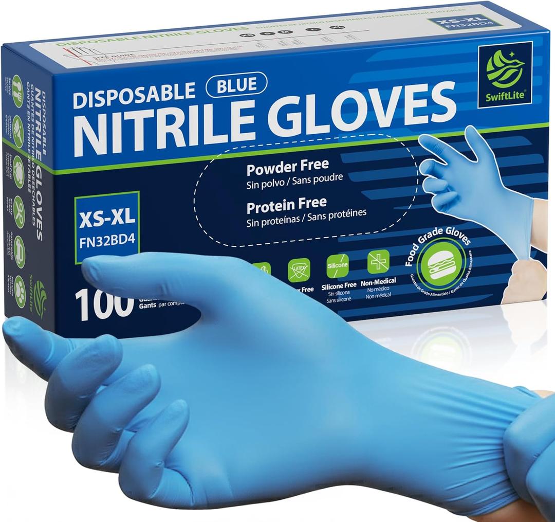 Food Safe Disposable Gloves, Blue Nitrile Rubber Gloves, Latex-Free Powder-Free for Food Prep, Cooking, Cleaning (Large)