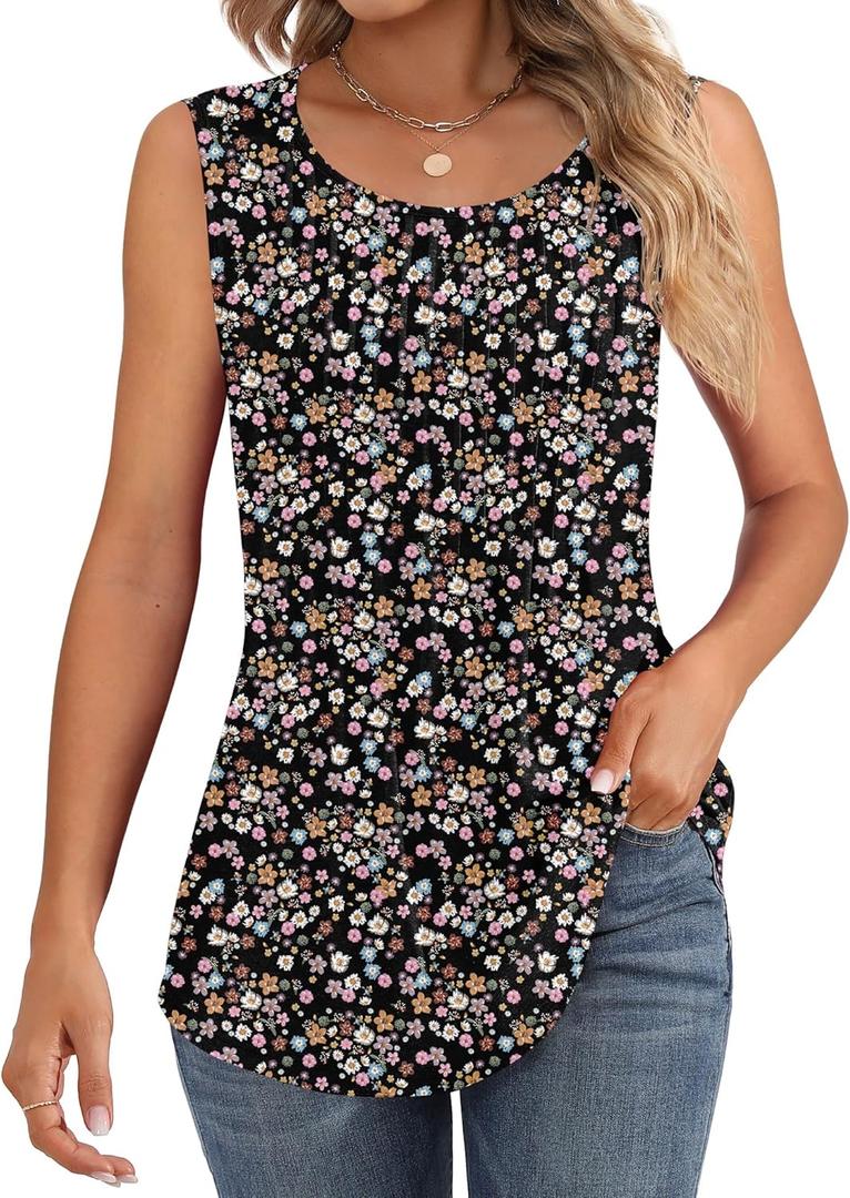 Ficerd Women's Tank Tops Sleeveless Tunic Pleated Crew Neck Blouses Summer Dressy Casual Loose Spring T Shirts (Black, S)