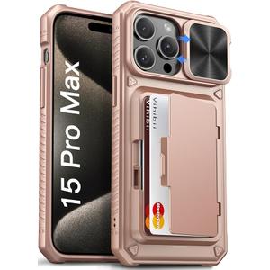 Vihibii for iPhone 15 Pro Max Wallet Case with Card Holder (4 Cards) & Slide Lens Cover & Stand, Shockproof Rugged Hard Back & Raised Edges Protection Case for iPhone 15 Pro Max, 6.7" 2023, Rose Gold