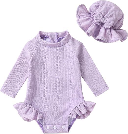 YOUNGER TREE Infant Baby Girls Swimsuit Long Sleeve Swimsuits One Piece Swimsuit Solid Color Bathing Suit with Hat, UPF 50+ (3-6 Months, Light Purple)