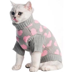 KOOLTAIL Cat Sweater - Valentine's Day Outfit with Hear Love Pattern Cold Weather Soft Warm Knit Turtleneck Clothes for Cats Kitten Small Dogs Puppy Greay L (Grey)